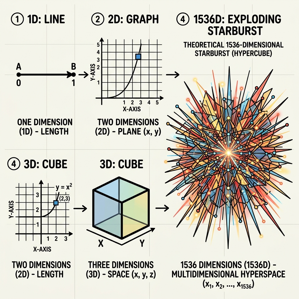 Diagram showing 1D line, 2D graph, 3D cube, and a theoretical exploding 1536-dimensional starburst