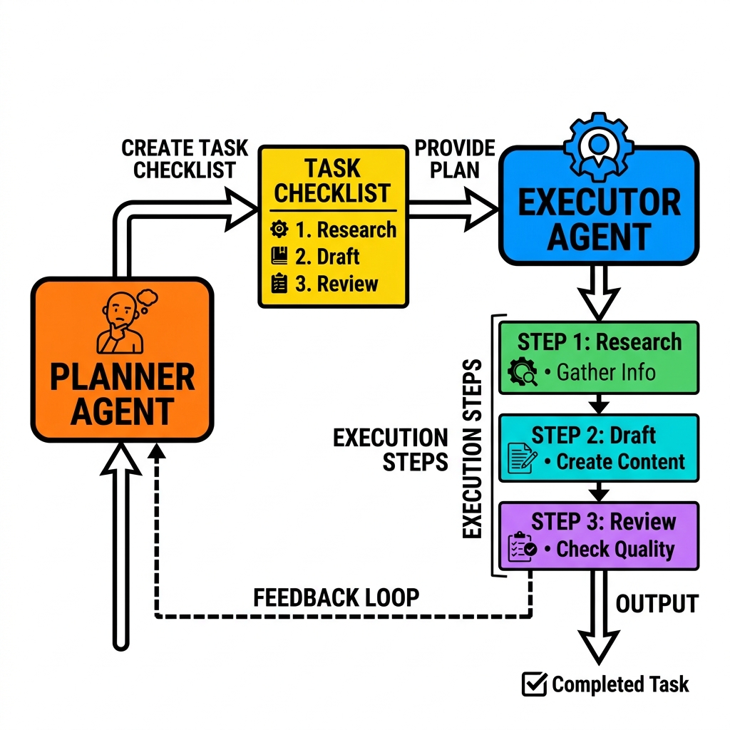 Flowchart showing a Planner Agent generating a checklist and passing it to an Executor Agent to process step-by-step