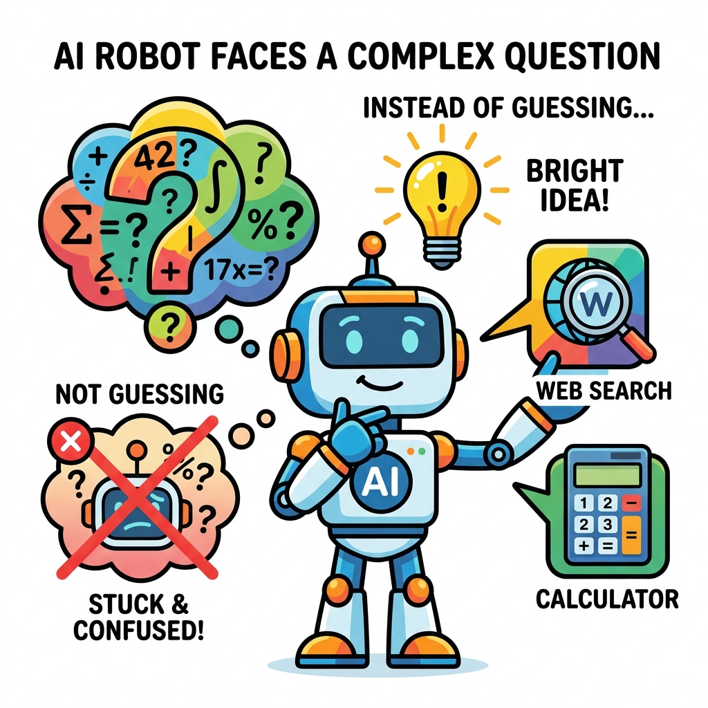 Comic illustration of an AI robot choosing to use a search tool and calculator rather than guessing a complex answer
