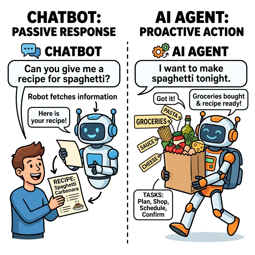 Comic illustration showing a chatbot handing over a recipe versus an agent carrying a bag of groceries