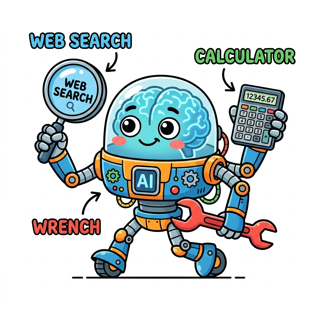 Comic illustration showing an AI robot brain equipped with a magnifying glass, calculator, and wrench