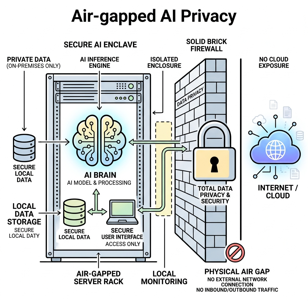 Diagram showing a server rack with an AI brain completely blocked from the internet by a solid brick firewall