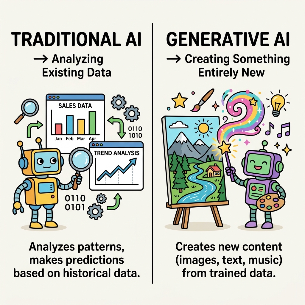 Traditional AI analyzing vs Generative AI creating