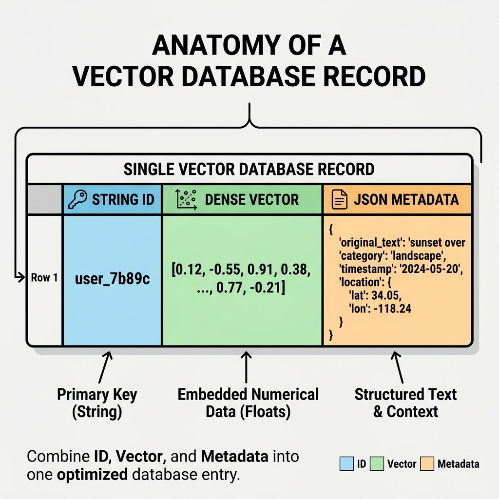 Diagram showing an ID, a dense Vector array, and a JSON Metadata object