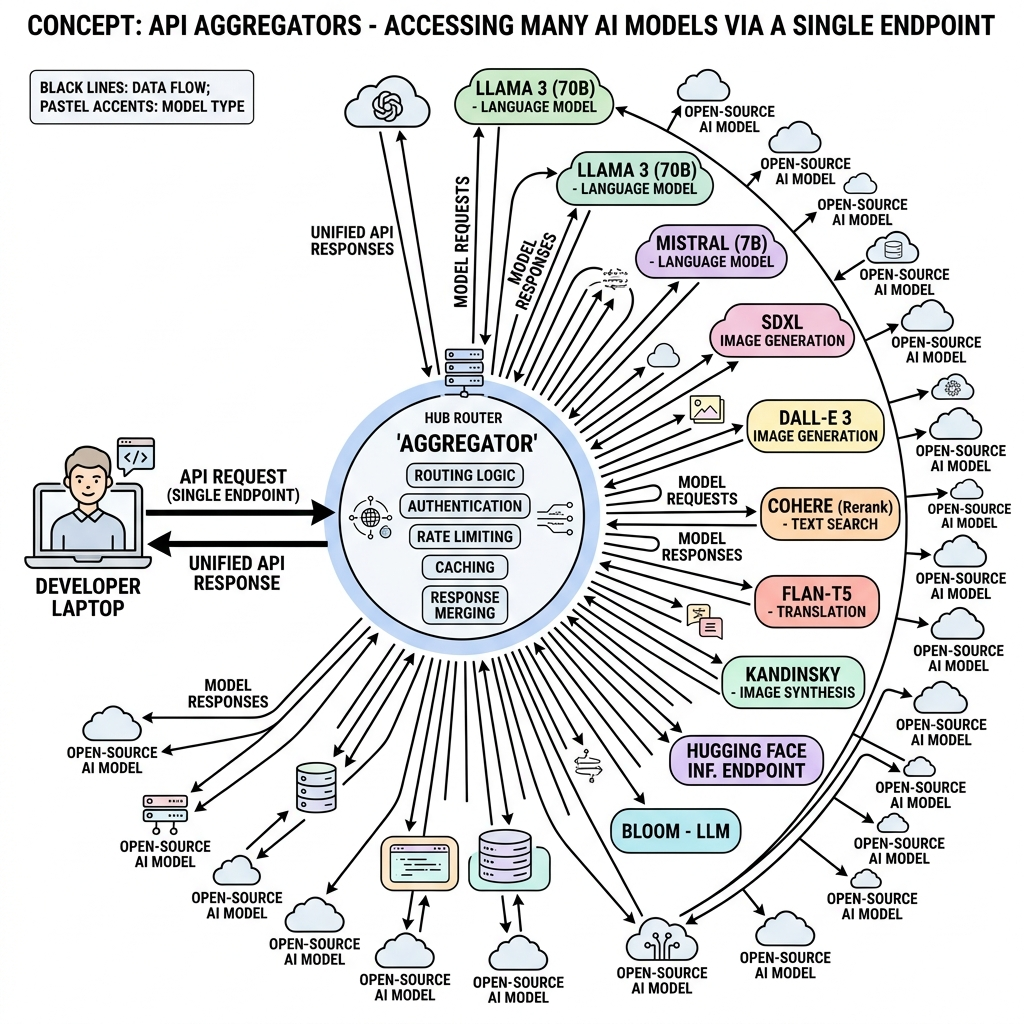 Diagram showing a developer laptop connecting to an Aggregator hub, which branches to dozens of open source models