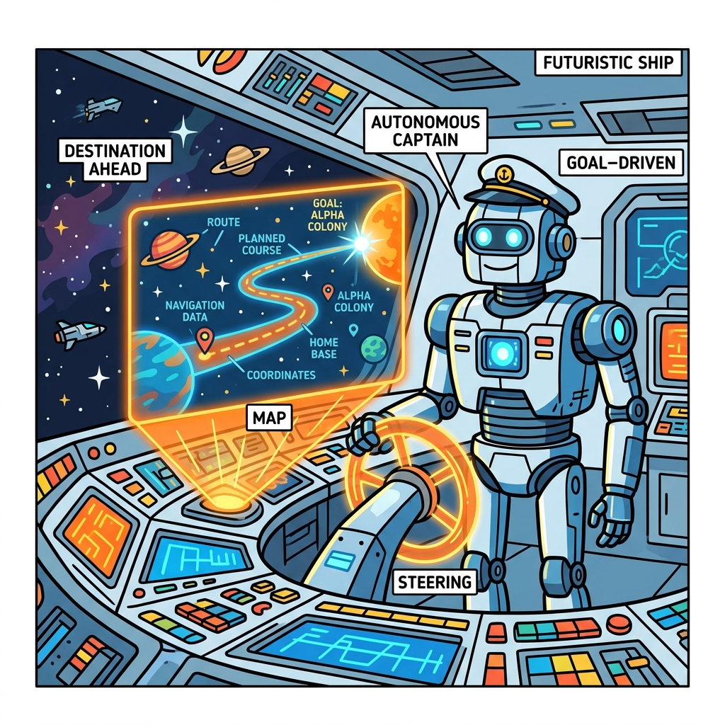 Comic illustration showing a robot captain independently steering a futuristic ship
