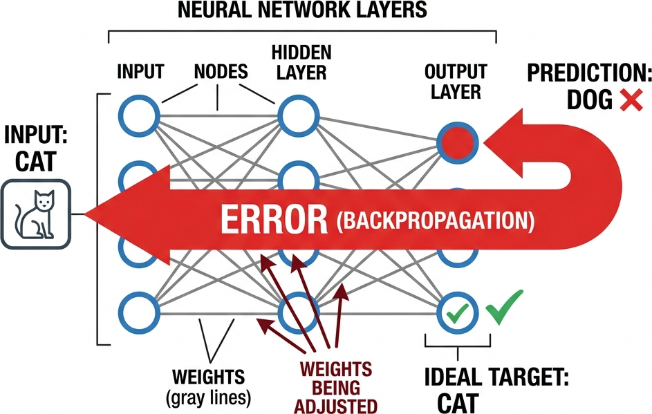 Diagram showing Backpropagation where the AI looks at its mistake and adjusts weights backward