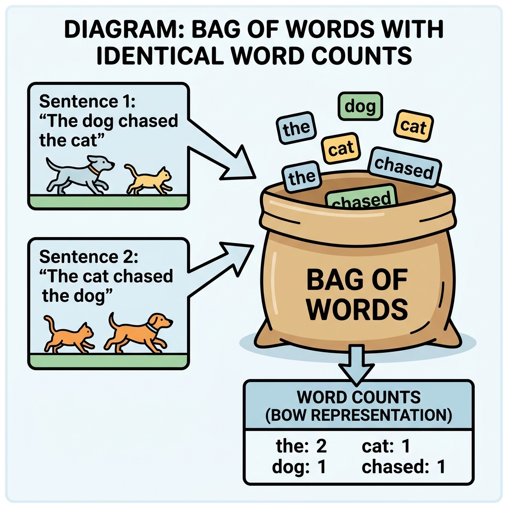 Diagram showing the sentences "The dog chased the cat" and "The cat chased the dog" generating the exact same mathematical bag of words