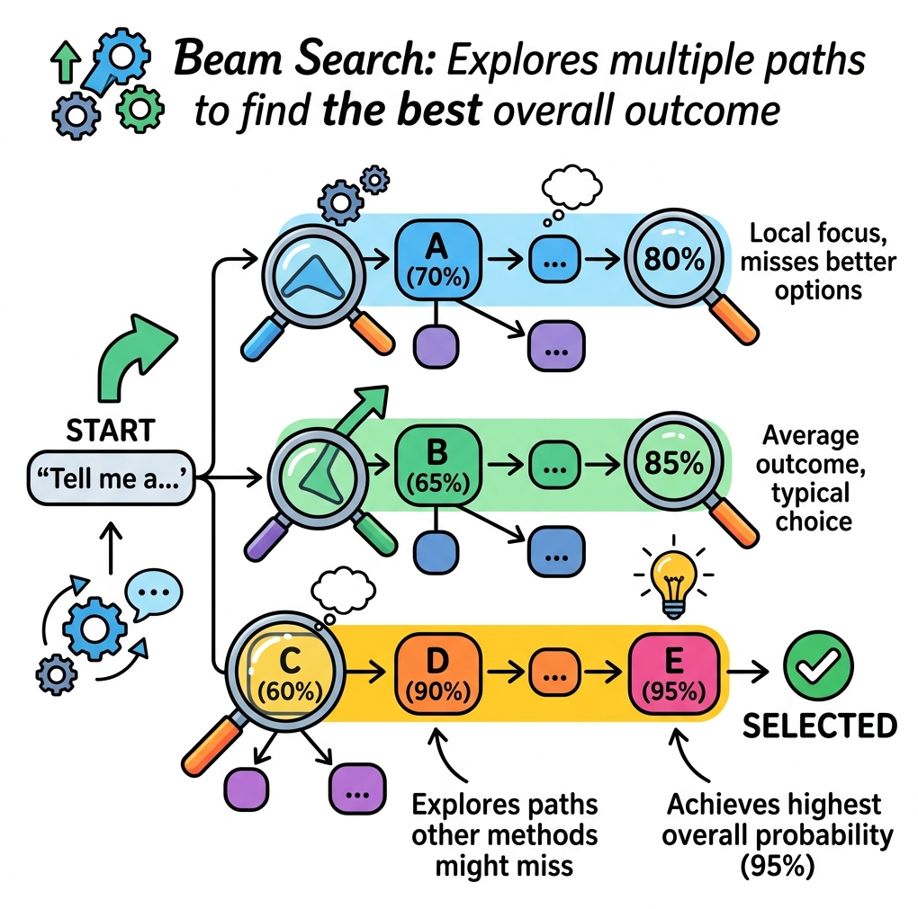 Flowchart showing multiple beams exploring a tree, finding a path that starts lower but ends with a much higher overall score