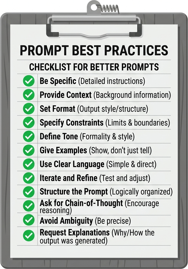 Flat diagram of a clipboard showing a checklist with green checkmarks for being specific, providing context, and setting the format