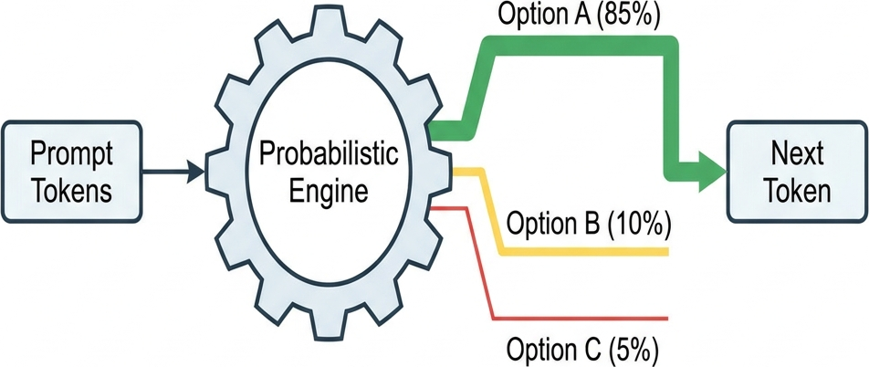 Flat flowchart showing Prompt Tokens entering a Probabilistic Engine which weighs three branched paths to select the Next Token