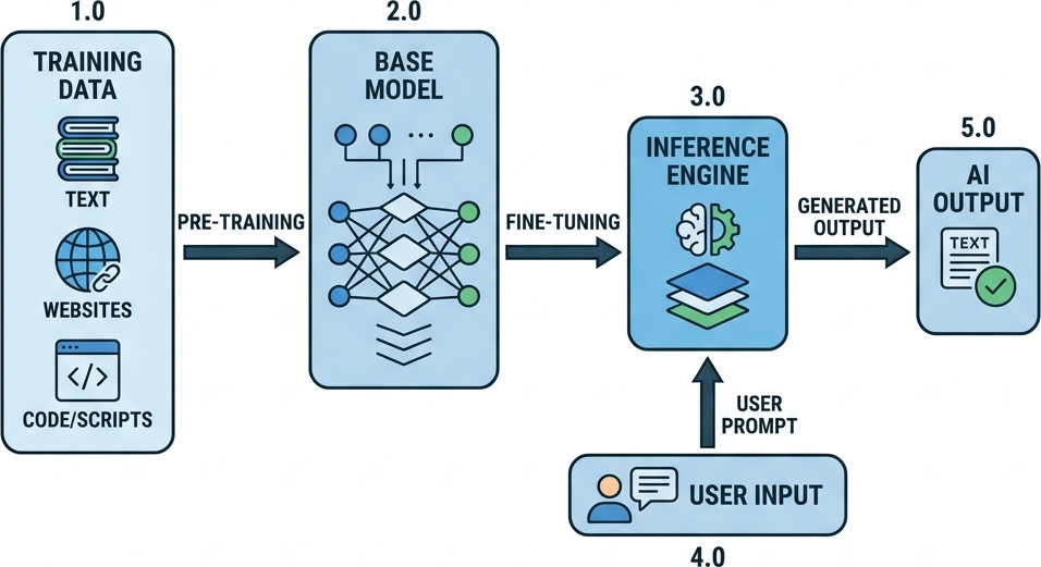 Flat flowchart showing Training Data flowing into a Base Model, then Fine-Tuning into an Inference Engine which takes a User Prompt and gives Generated Output