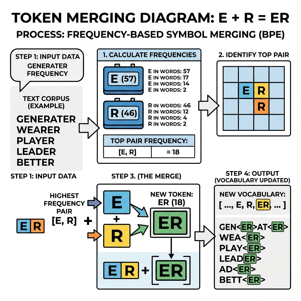 Diagram showing the letters E and R being statistically merged into a new "er" token