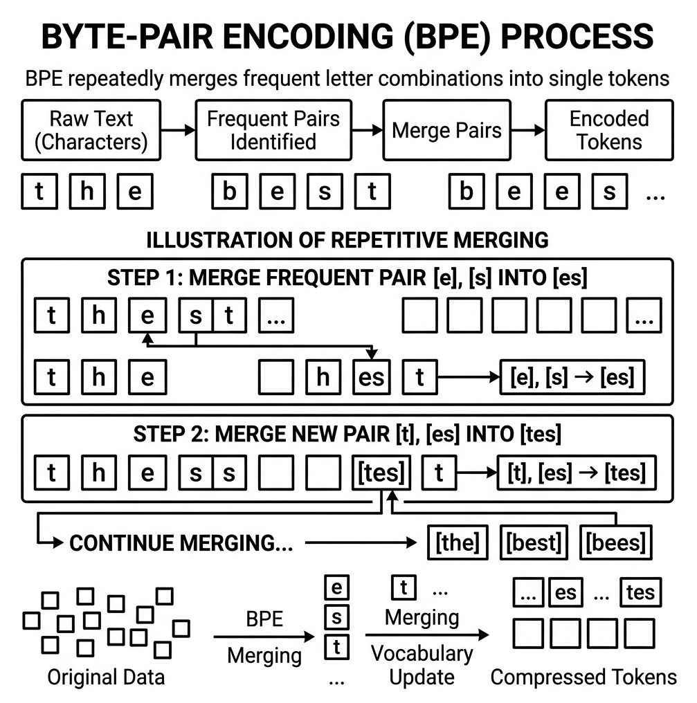 Diagram showing letters e and s merging into [es], and then t merging with [es] to form [tes]