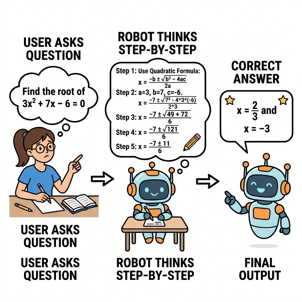 Flat diagram showing a complex problem being broken down into Step 1, Step 2, and Step 3 inside the AI before giving an answer