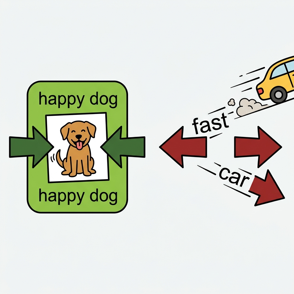 Diagram showing the math pulling the picture of a dog and the text "happy dog" together, while pushing the text "fast car" away