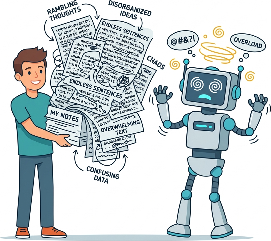 Flat diagram of a person handing a massive rambling block of text to a dizzy, confused robot