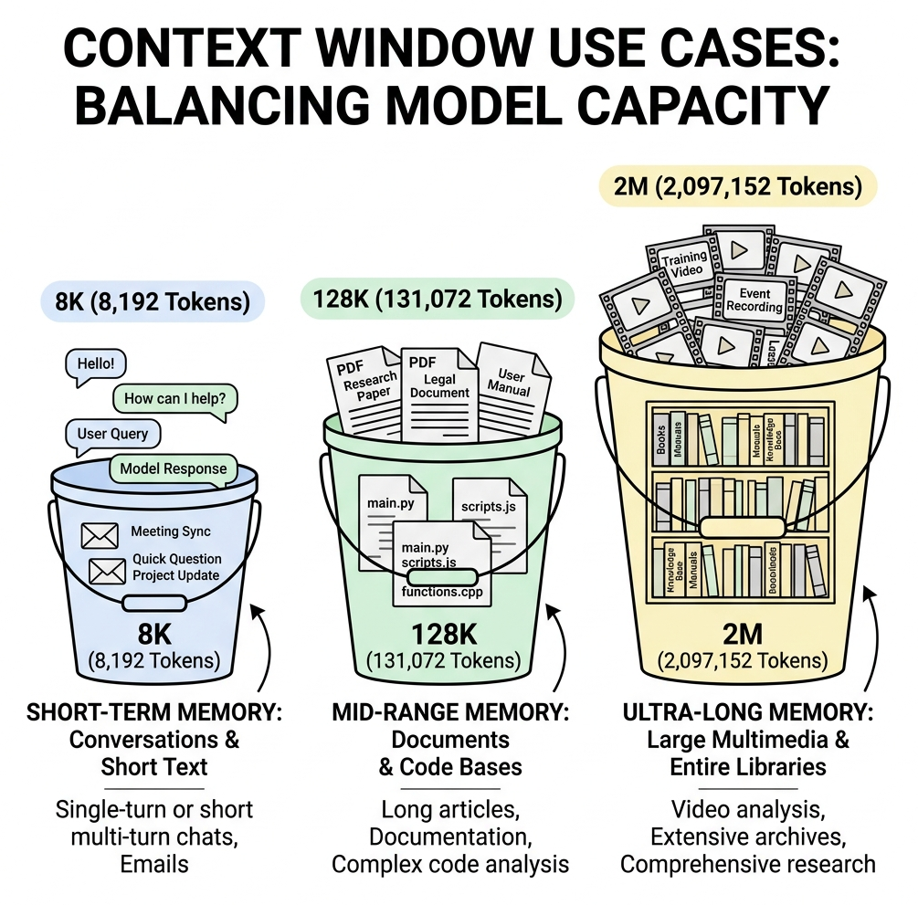 Diagram showing an 8k bucket for chats, 128k bucket for PDFs, and 2M bucket for entire libraries.