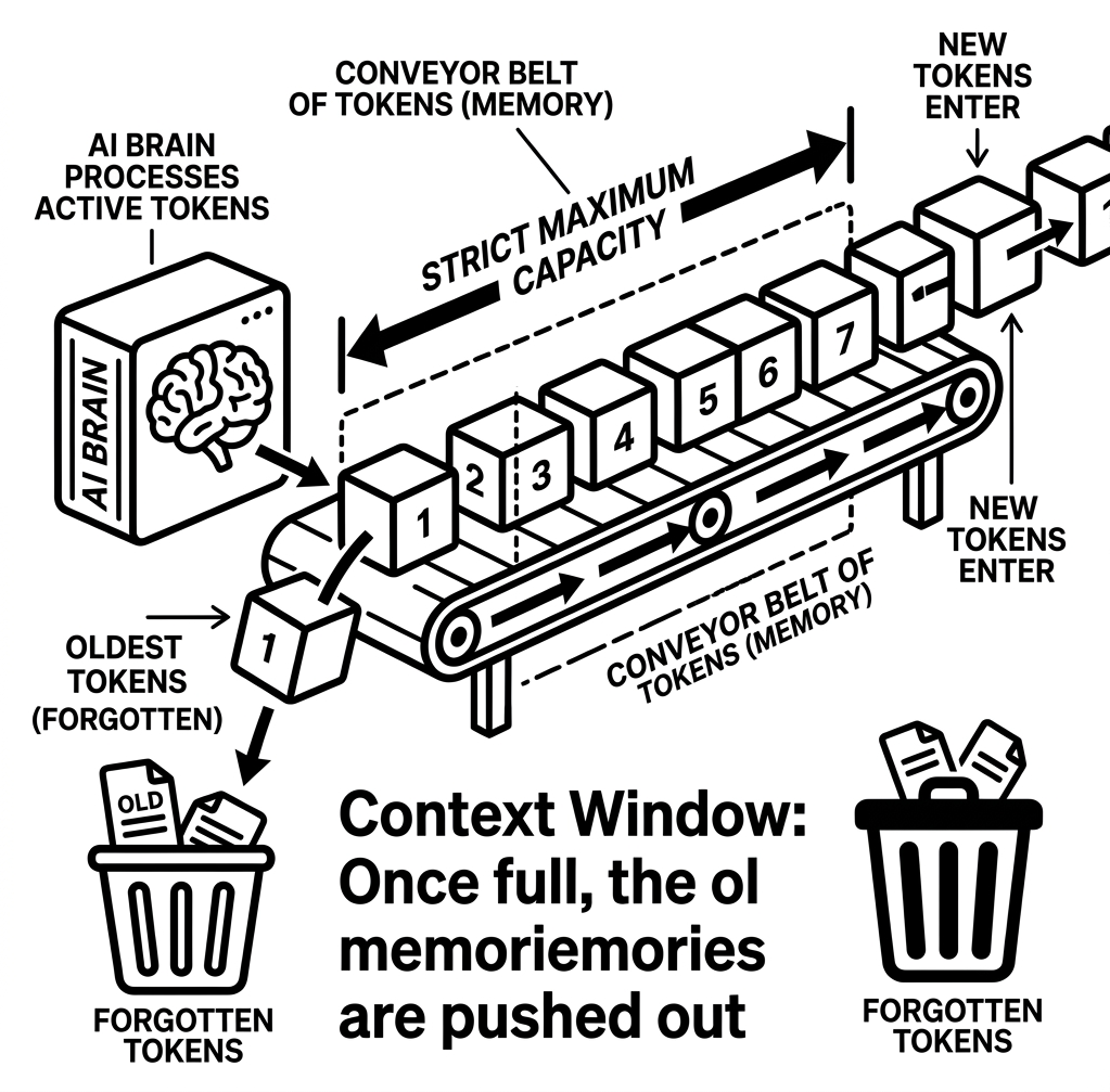 Diagram showing a conveyor belt of memories entering an AI brain. Once the belt is full, the oldest memories fall off into a trash bin.