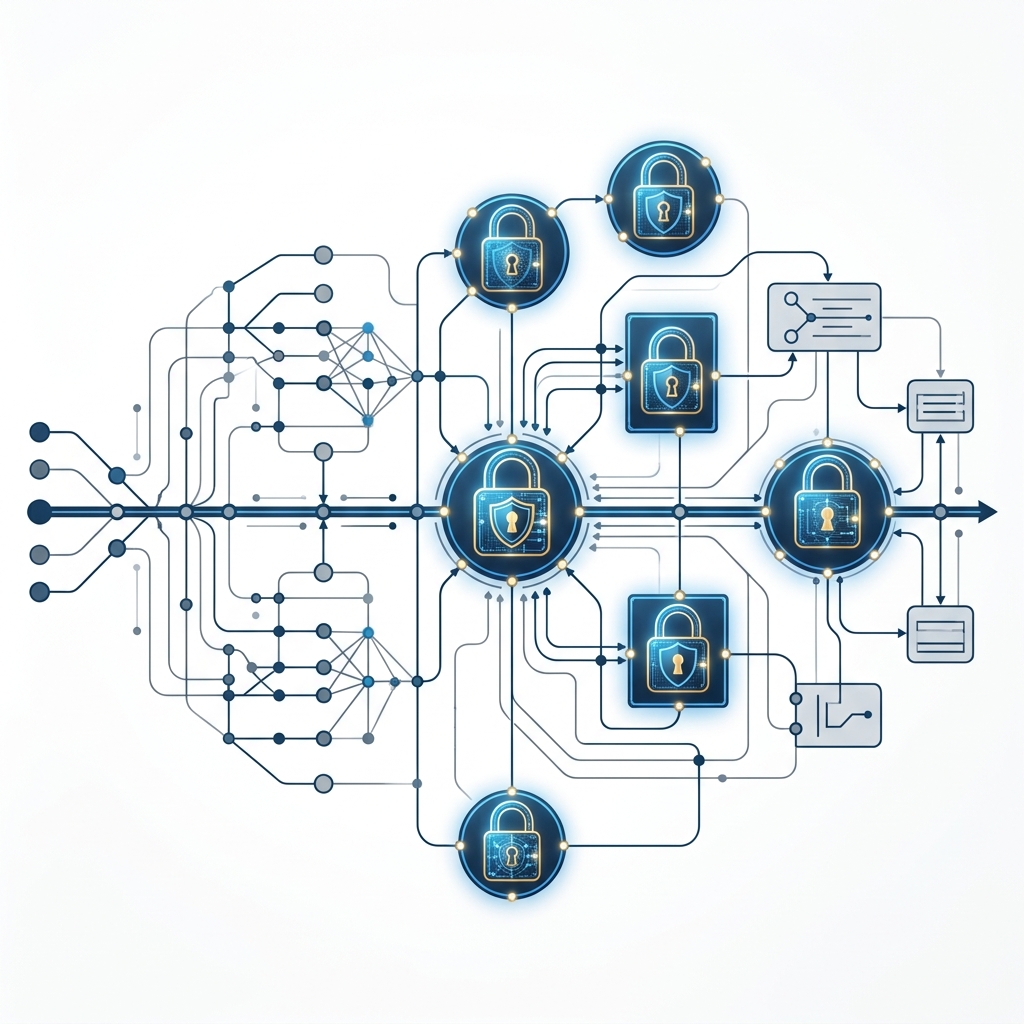 Professional technical diagram showing a data stream with locked security padlocks indicating copyrighted nodes
