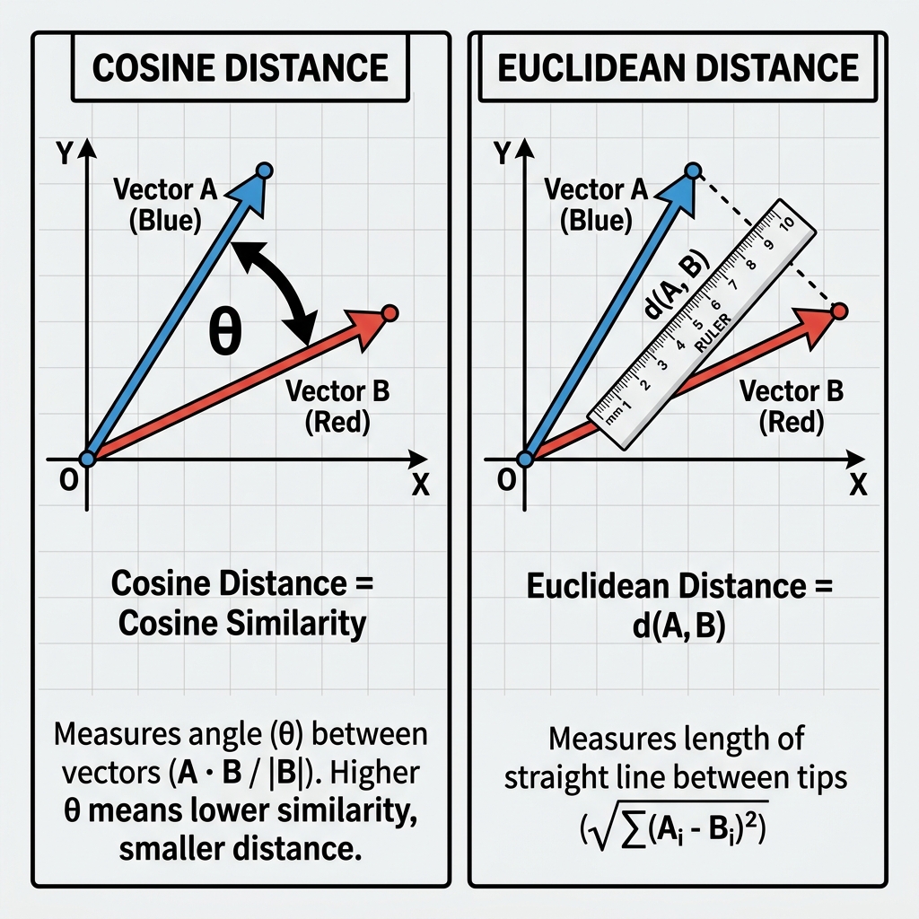 Diagram showing Cosine measuring the angle between arrows, while Euclidean uses a ruler between the arrow tips
