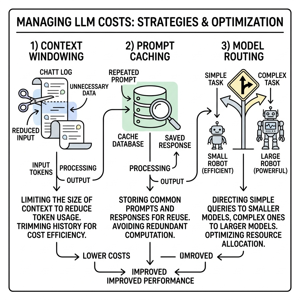 Diagram showing strategies like Context Windowing, Prompt Caching, and Model Routing
