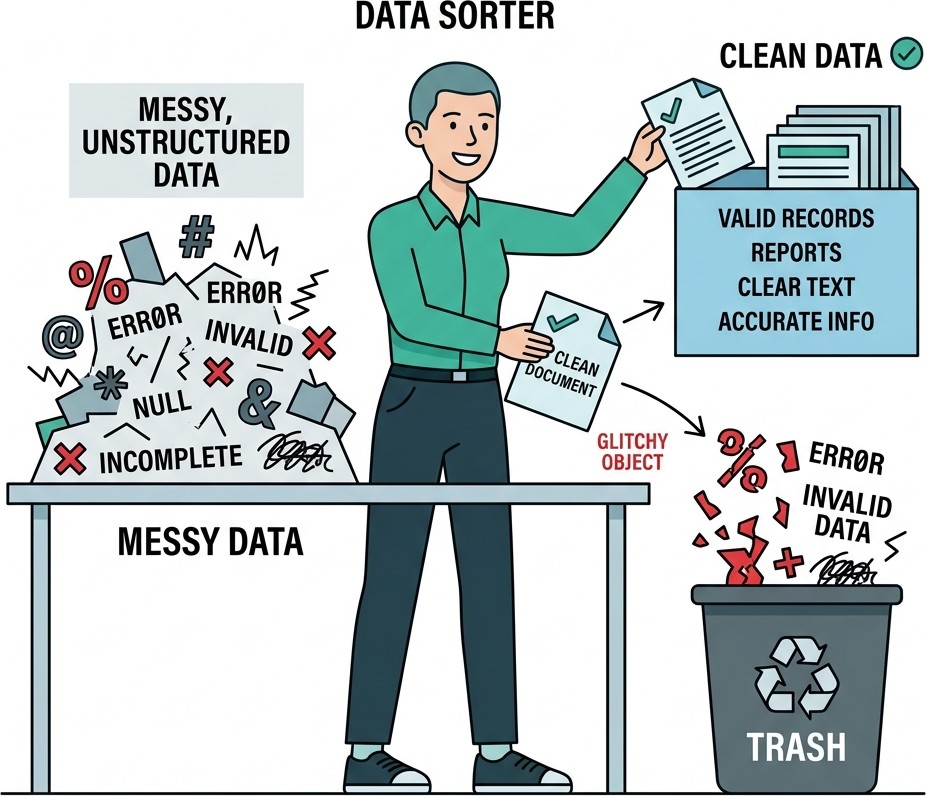 Flat diagram showing a person sorting clean data into a box and throwing glitchy data into the trash