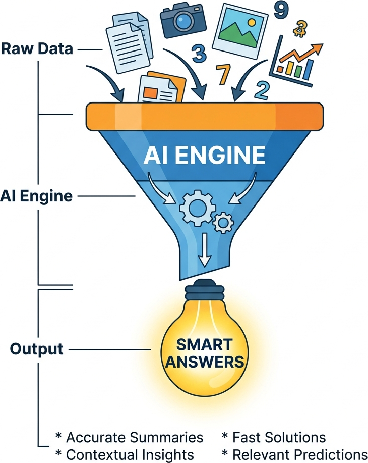 Flat diagram showing raw data poured into an AI engine funnel, creating smart answers