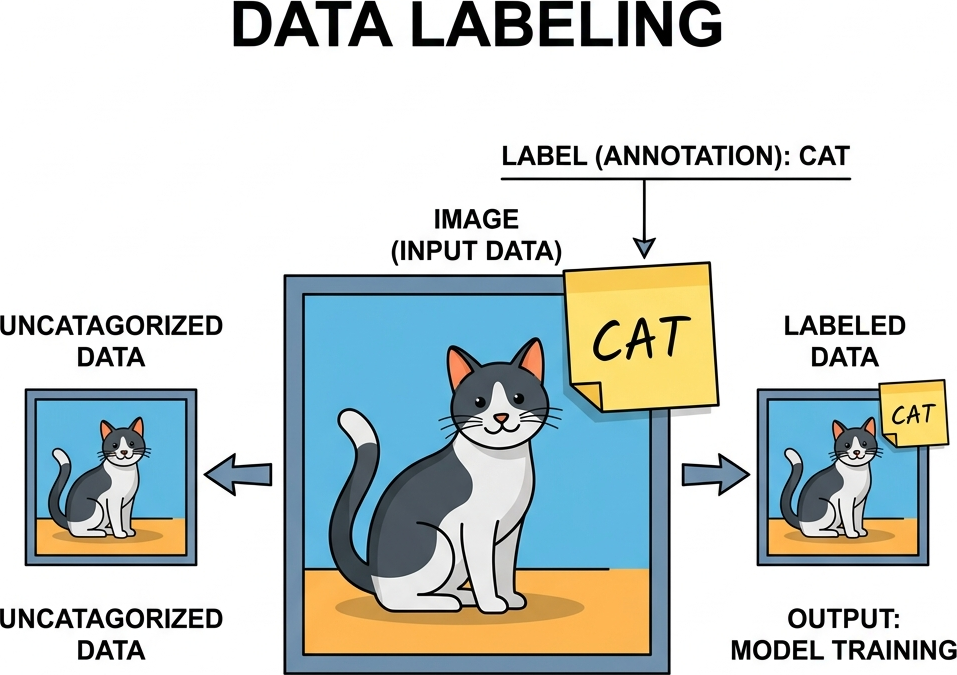 Flat diagram of a picture of a cat with a literal price tag that says Cat attached to it