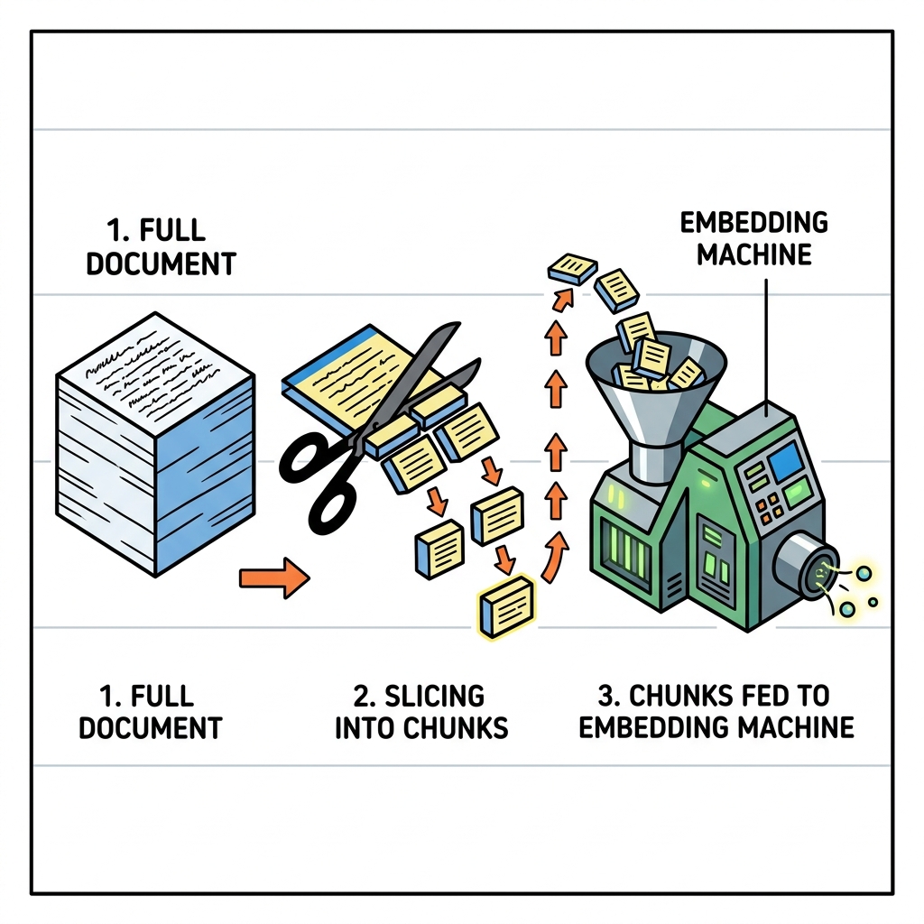 Diagram showing a large document being sliced into small paragraphs before being embedded