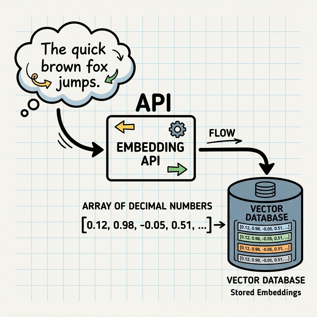 Diagram showing text flowing into an Embedding API and coming out as an array of decimals stored in a Vector Database