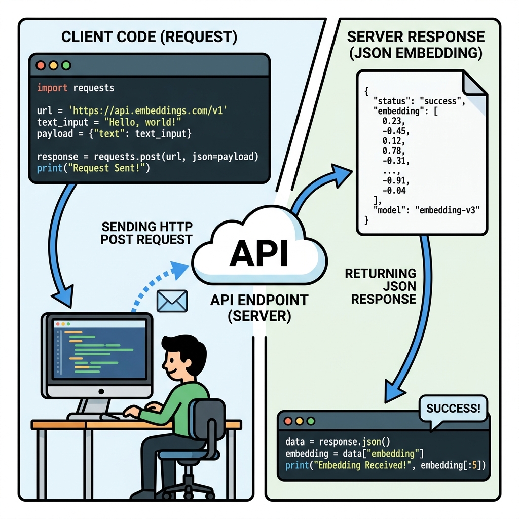 Diagram showing a pseudo-code block for calling an embedding API and receiving a JSON response with an array of numbers