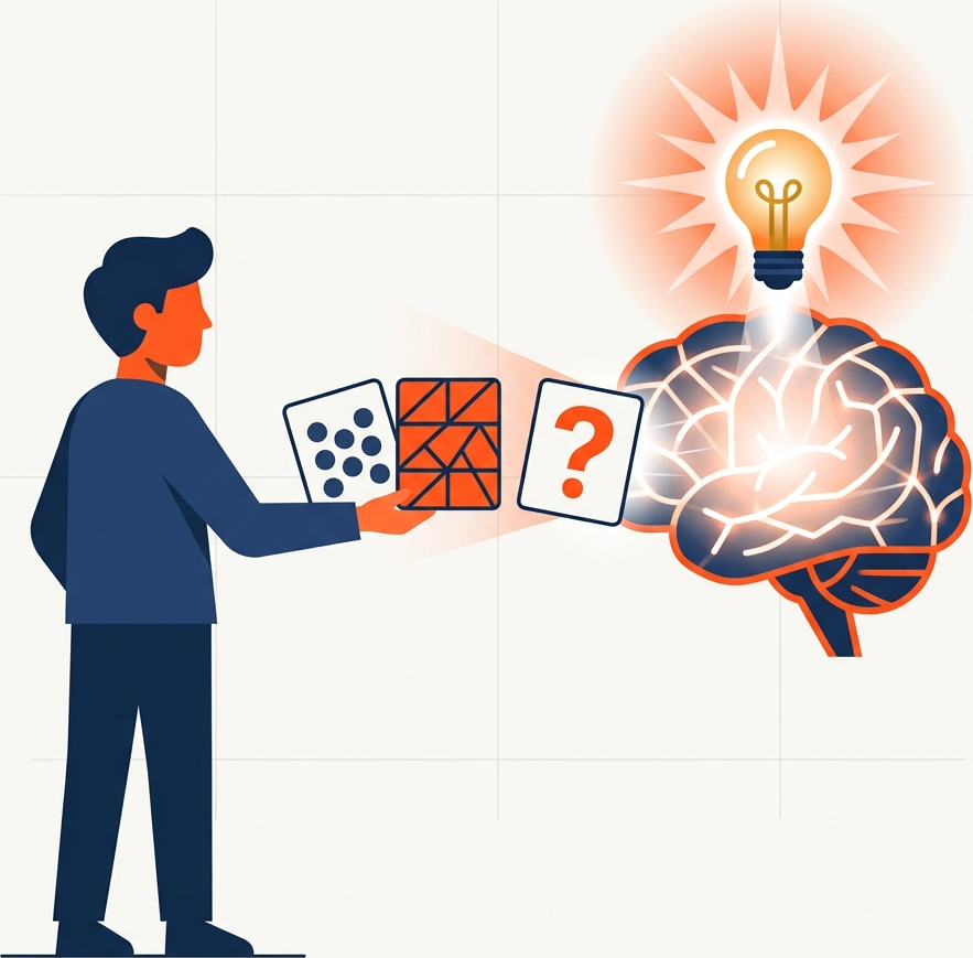 Flat diagram of a person showing an AI robot three examples before asking the final question