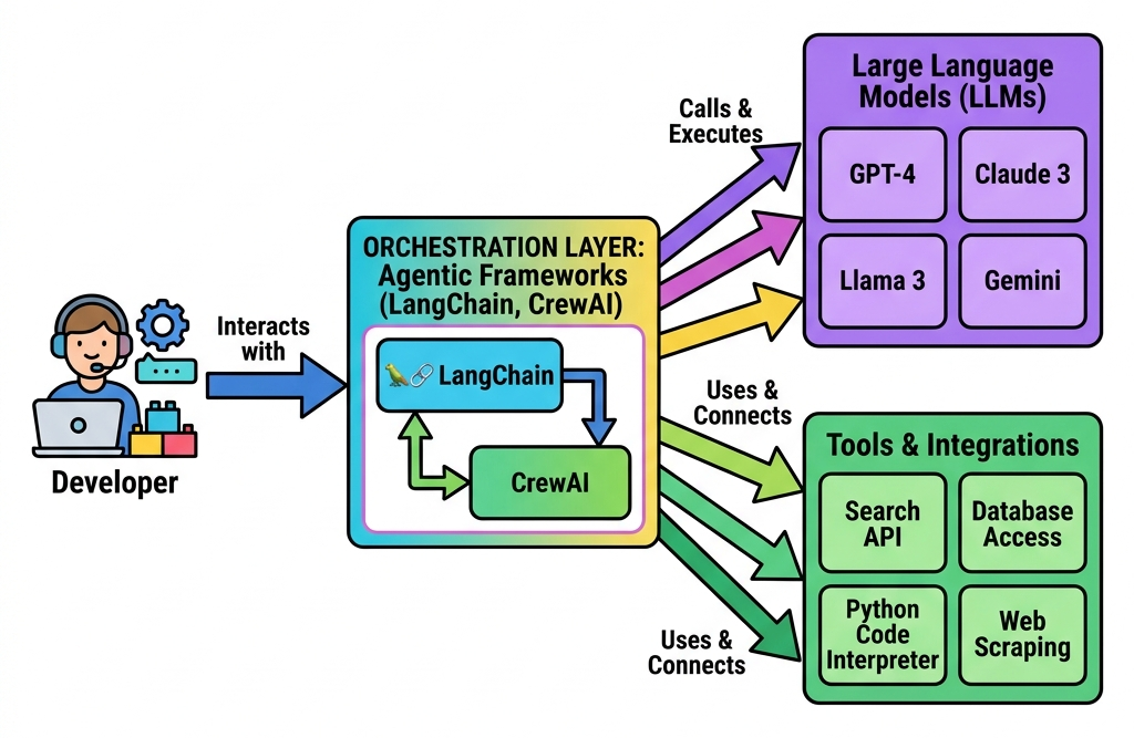 Diagram showing a developer interacting with an orchestration layer like LangChain or CrewAI, which in turn manages the LLMs and tools below it