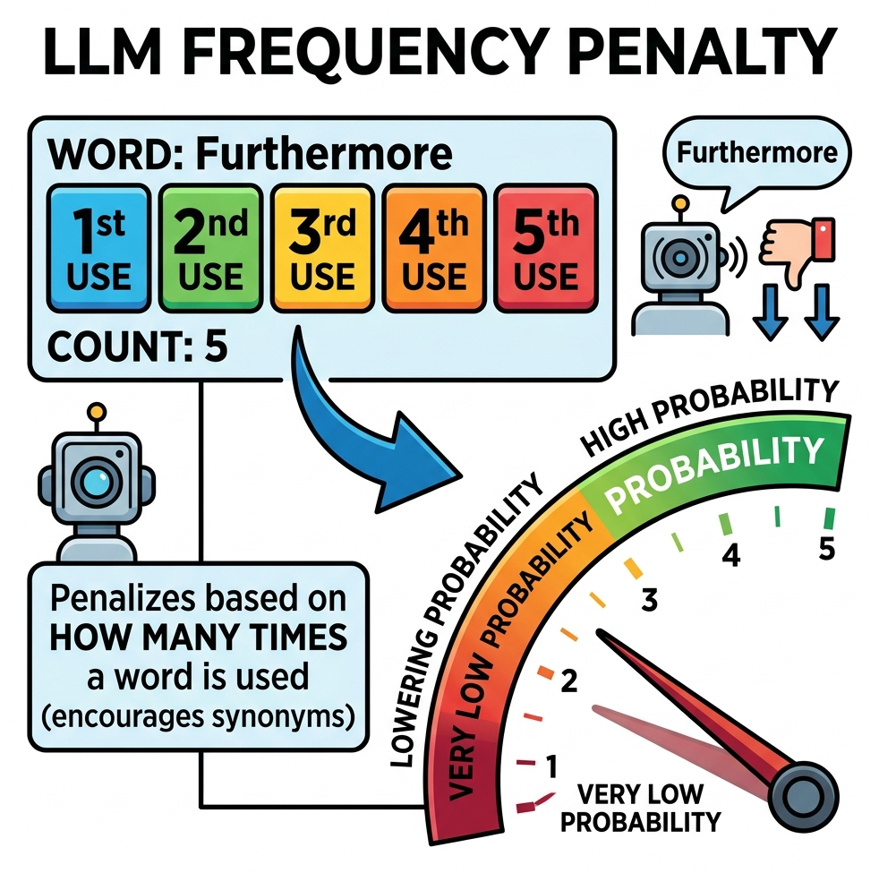 Diagram showing a counter for a word tracking how many times it was used, with its probability dropping lower each time