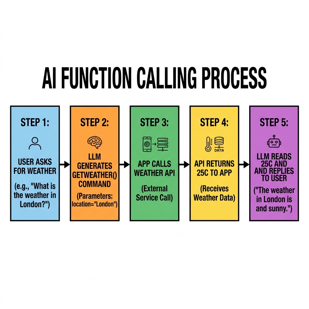 Flowchart explaining AI Function Calling: User asks for weather, LLM generates command, App calls API, API returns result, LLM reads result and replies