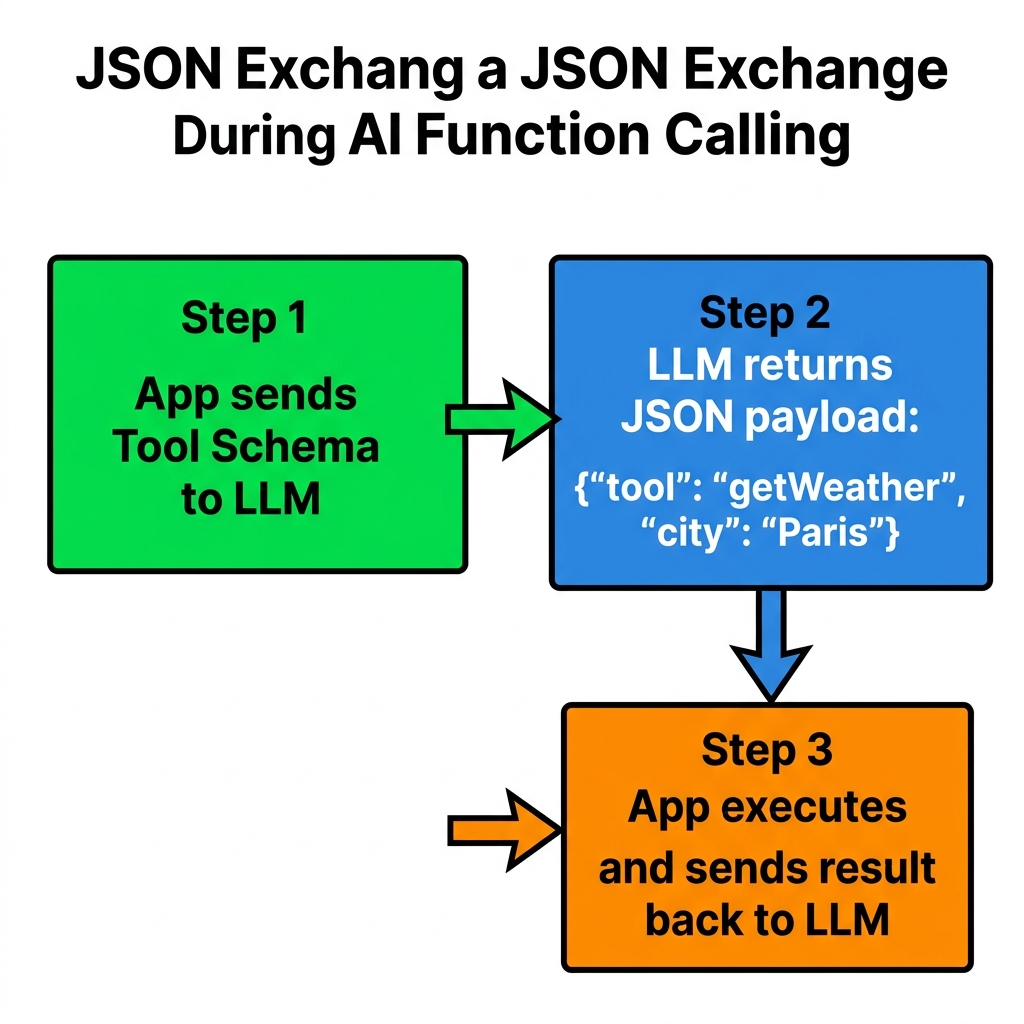Architectural flowchart showing the App sending a Tool Schema, the LLM returning a JSON payload, and the App executing the function