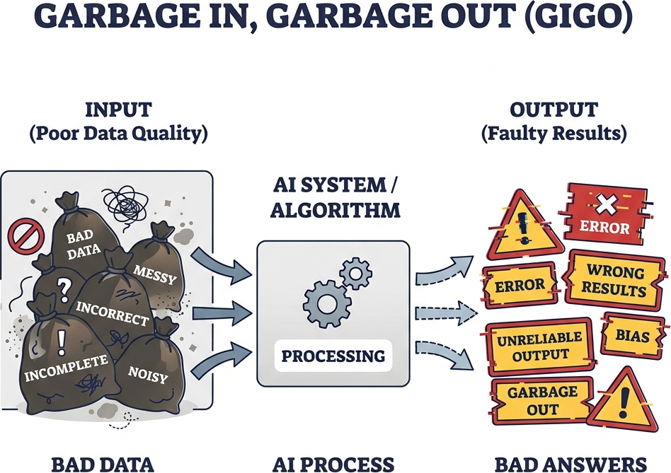 Flat diagram showing trash bags labeled Bad Data going into an AI, and glitchy Bad Answers coming out