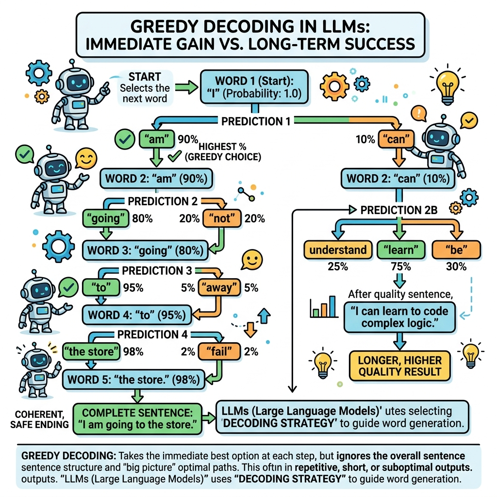 Flowchart showing a greedy agent taking the immediate highest probability path but ending up in a dead end