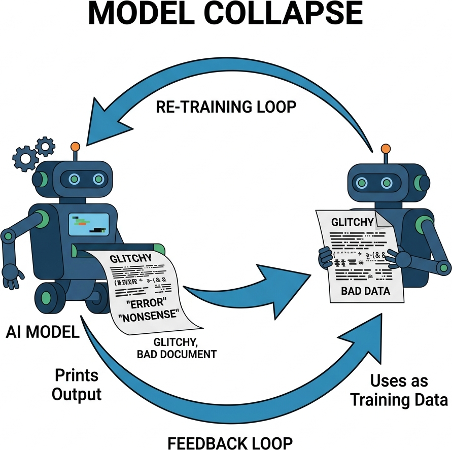 Flat diagram of an AI robot printing a glitchy document and immediately reading it again in a loop labeled Model Collapse