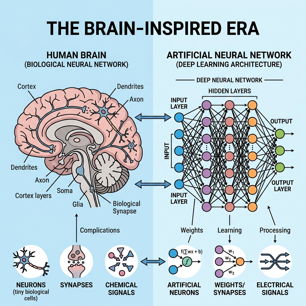 A neural network architecture compared side-by-side with a human brain