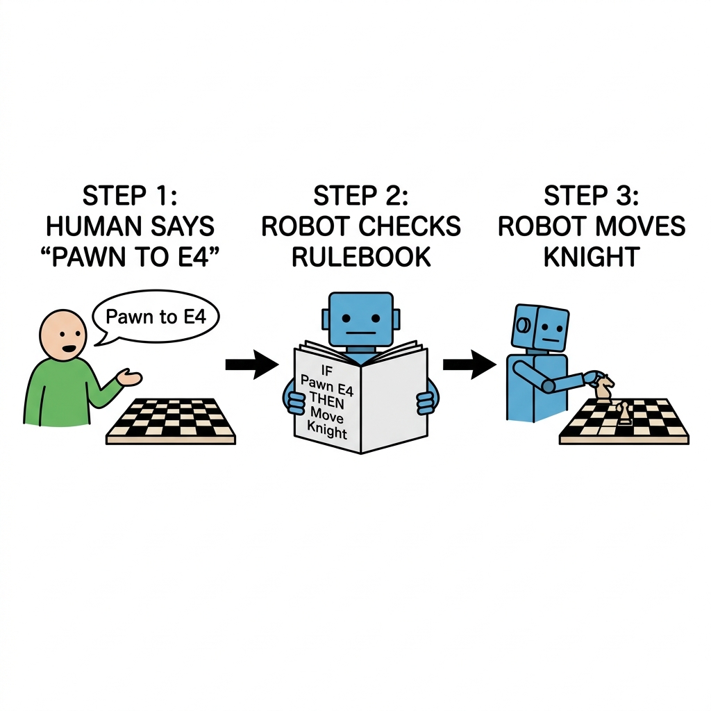 A flowchart with thousands of rigid if-then rules for playing chess