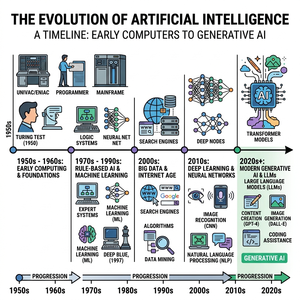 Timeline from early computers to neural networks to modern AI