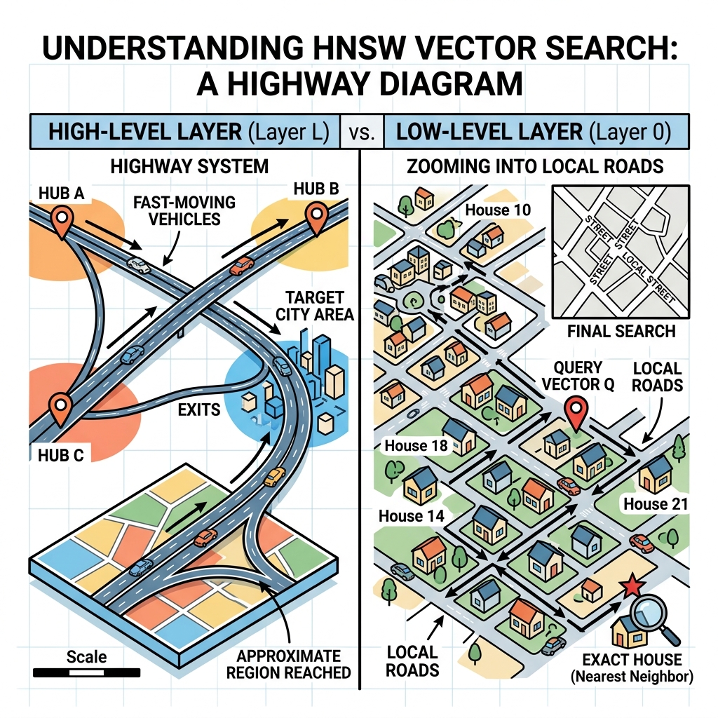 Diagram showing a layered highway system where you take the fast highway to get to the city, then local roads to find the house
