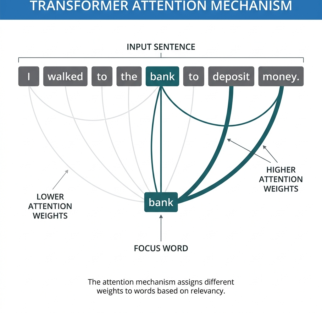 Detailed flat flowchart showing varying thicknesses of lines connecting words in a sentence to demonstrate the mathematical weights of the attention mechanism specifically highlighting bank and deposit