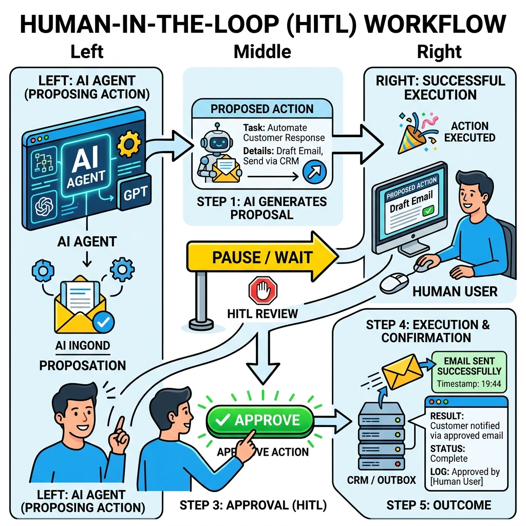 Flowchart showing an agent pausing execution to wait for a human user to click Approve before taking a dangerous action