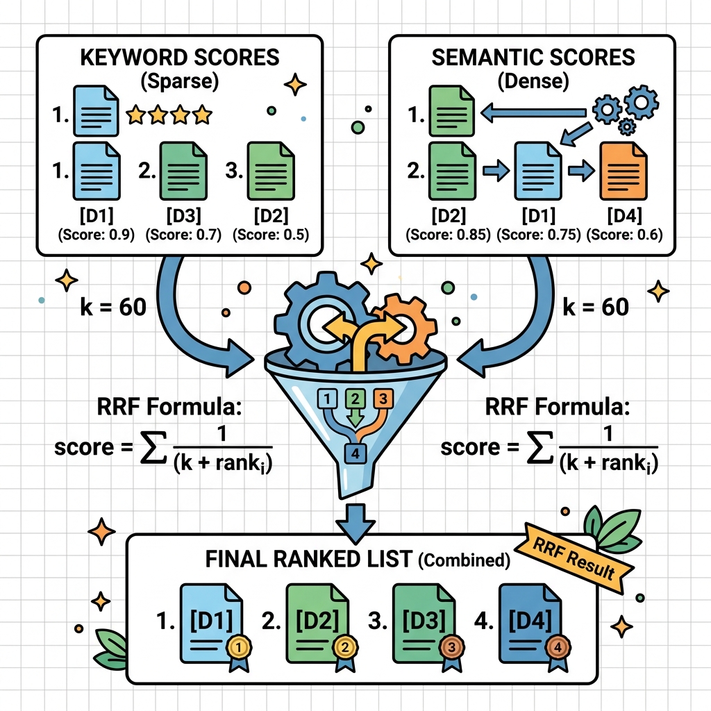 Diagram showing Keyword scores and Semantic scores combining via Reciprocal Rank Fusion to create a final ranked list