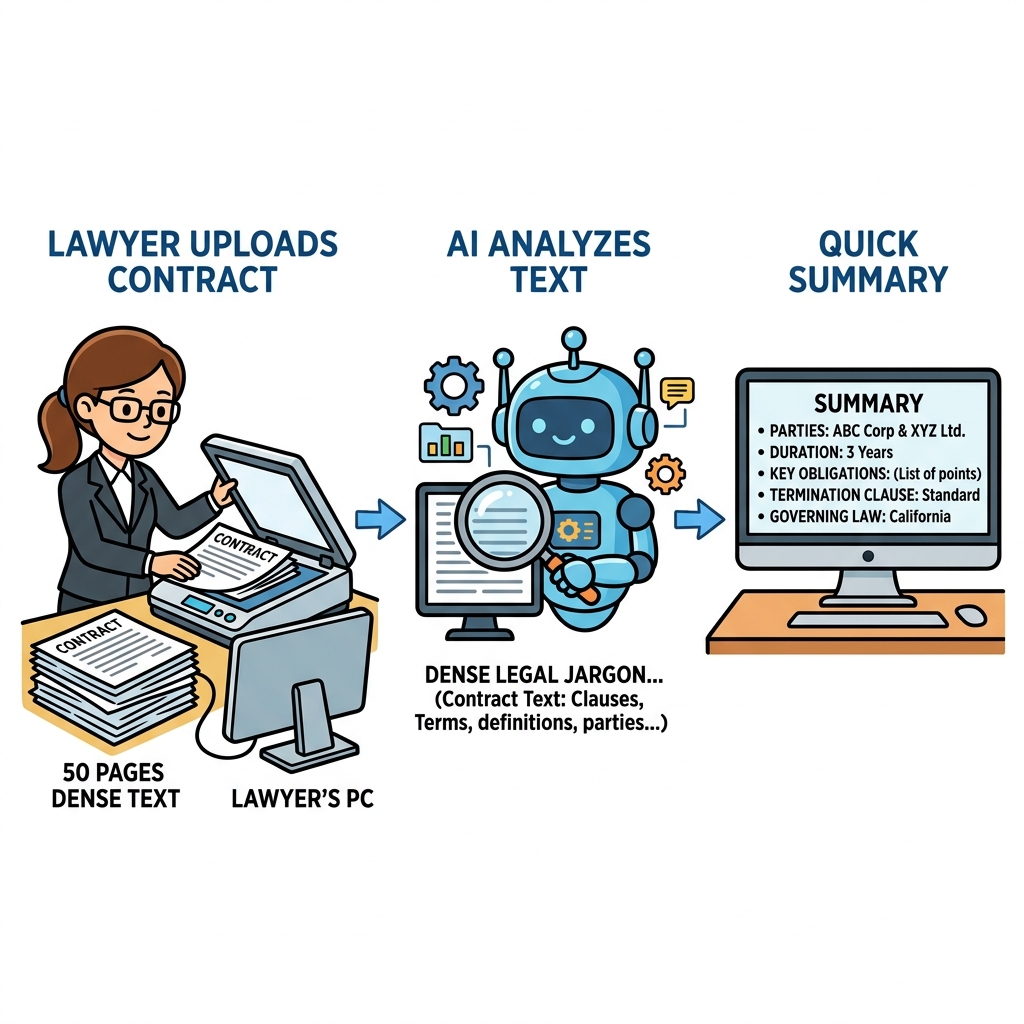 Classic architectural textbook diagram showing a dense legal contract being processed into a clean bulleted summary