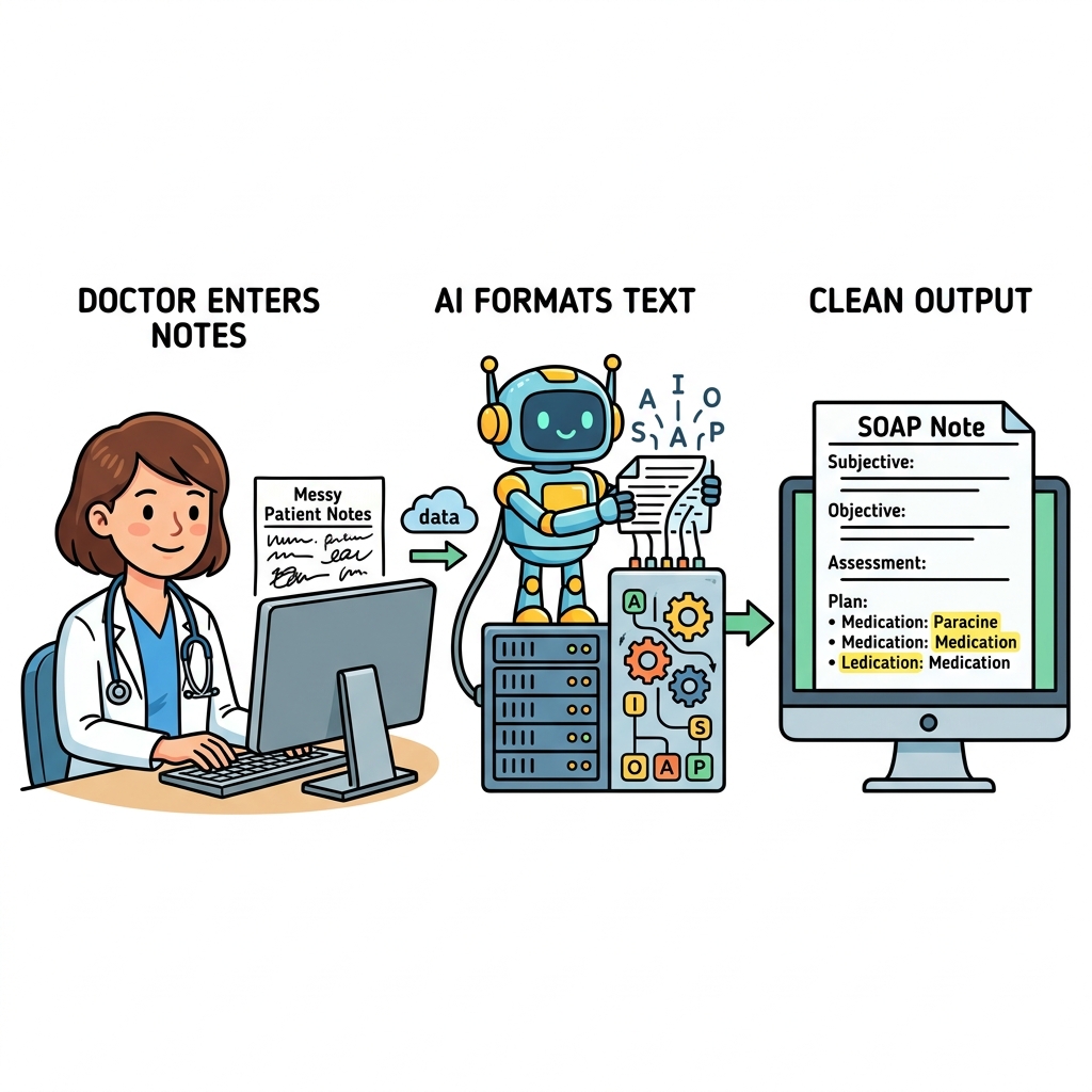 Classic architectural textbook diagram showing a messy medical transcript turning into a structured SOAP note via an AI processing node