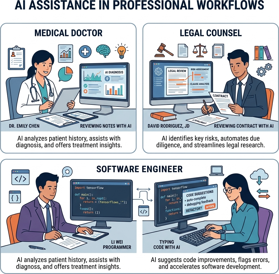 Flat diagram of a doctor, lawyer, and programmer all using AI in their daily work